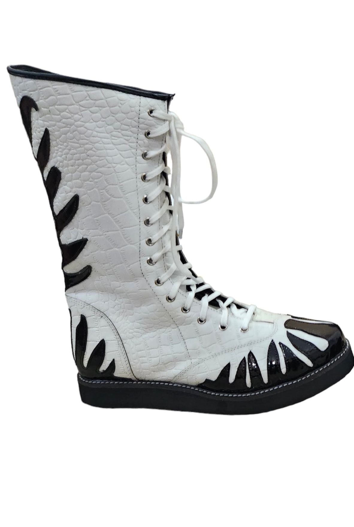 Pro Wrestling Boots, Handmade, 100% Original Leather, White Crocs Pattern & Black Fire Style, Customizable colors