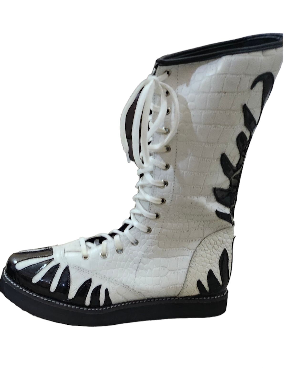 Pro Wrestling Boots, Handmade, 100% Original Leather, White Crocs Pattern & Black Fire Style, Customizable colors