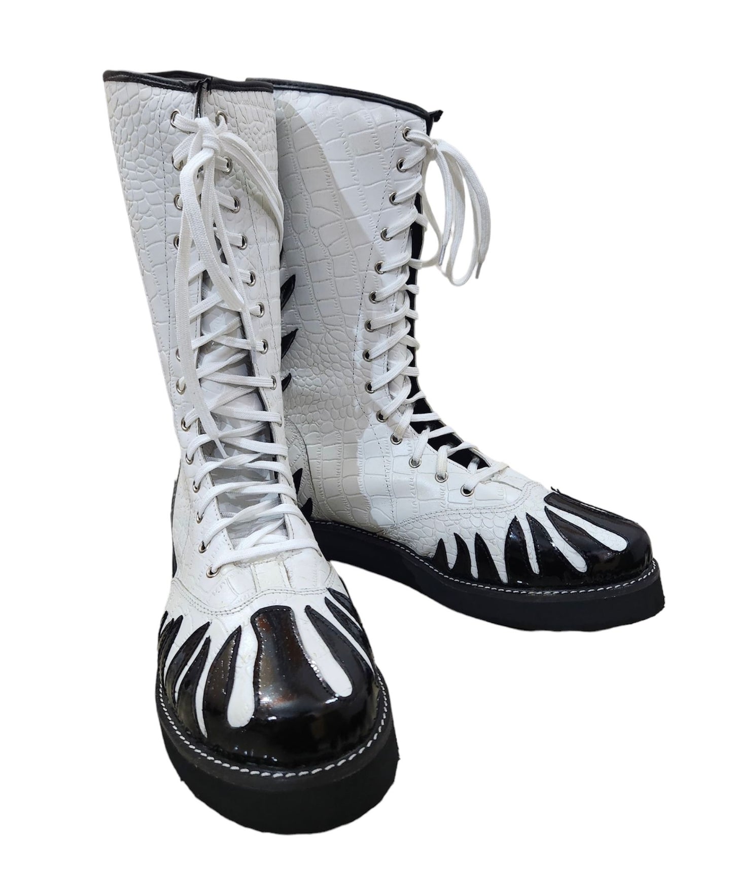 Pro Wrestling Boots, Handmade, 100% Original Leather, White Crocs Pattern & Black Fire Style, Customizable colors