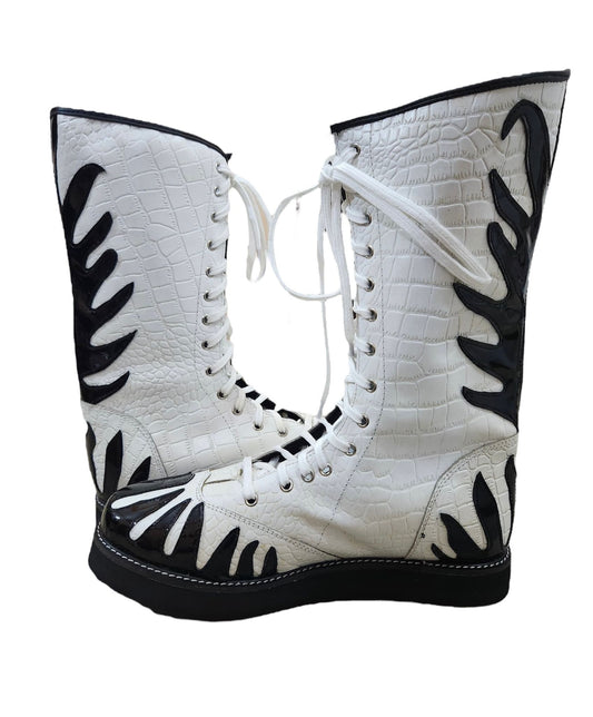 Pro Wrestling Boots, Handmade, 100% Original Leather, White Crocs Pattern & Black Fire Style, Customizable colors