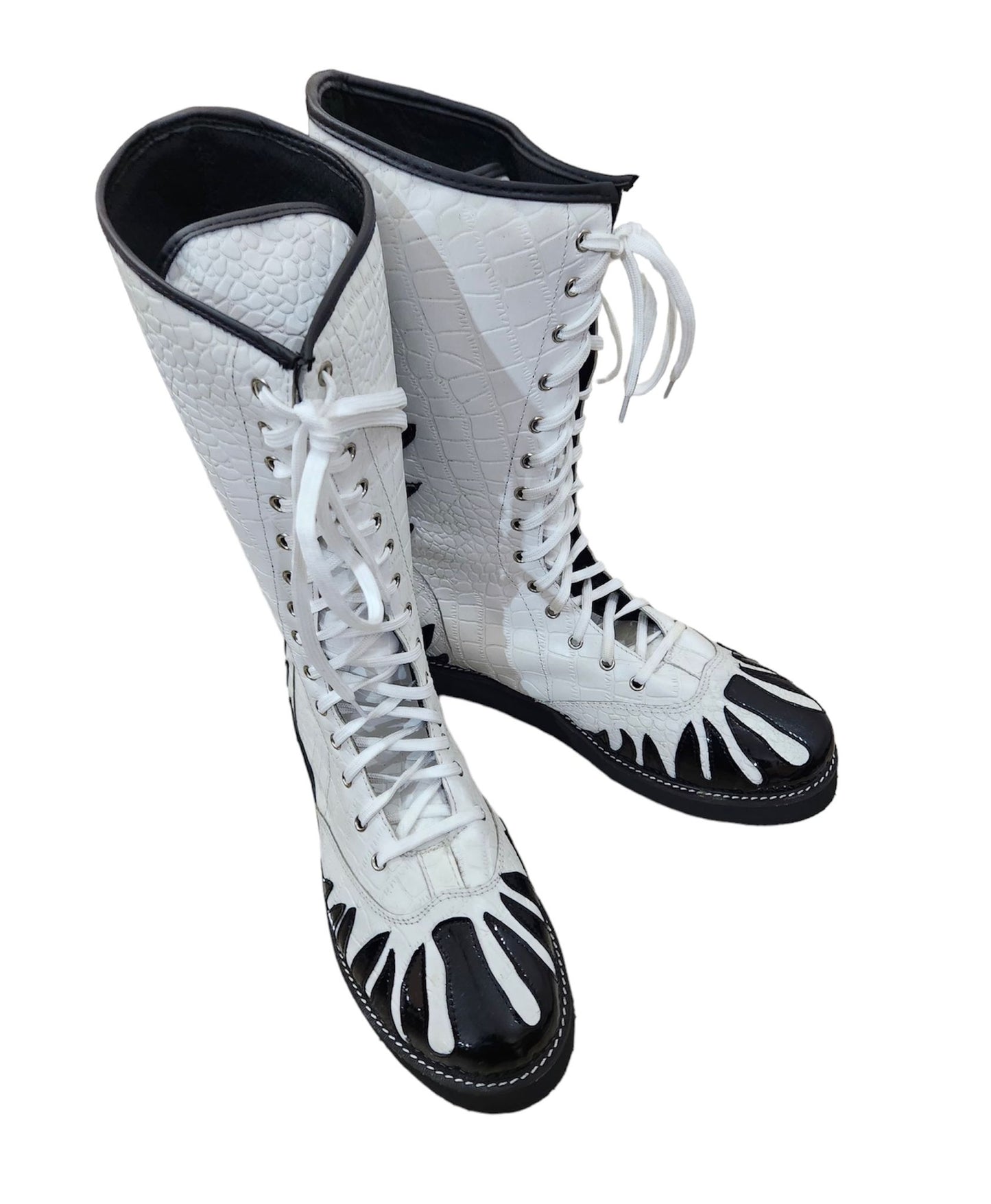 Pro Wrestling Boots, Handmade, 100% Original Leather, White Crocs Pattern & Black Fire Style, Customizable colors