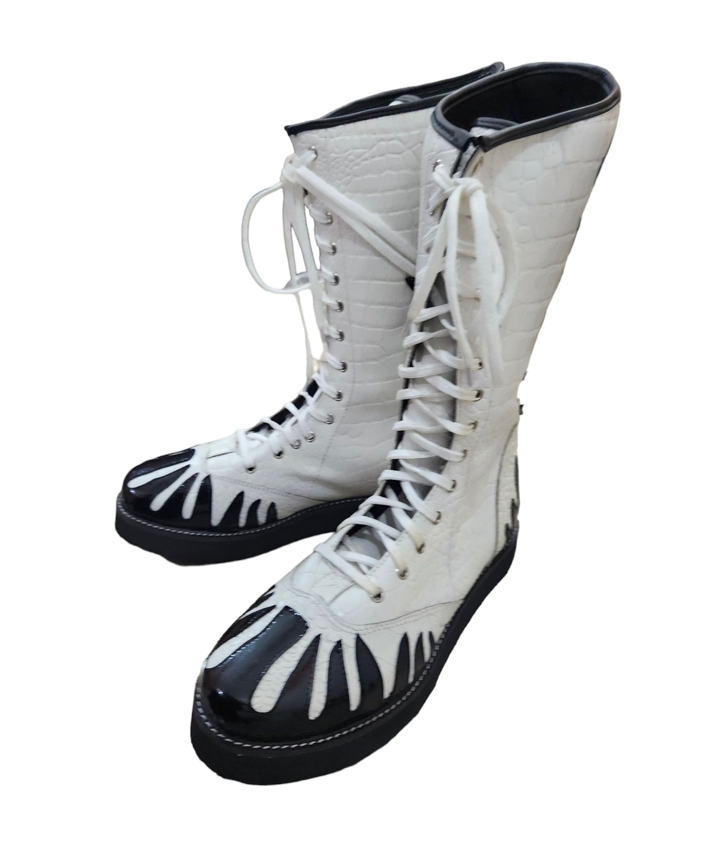 Pro Wrestling Boots, Handmade, 100% Original Leather, White Crocs Pattern & Black Fire Style, Customizable colors