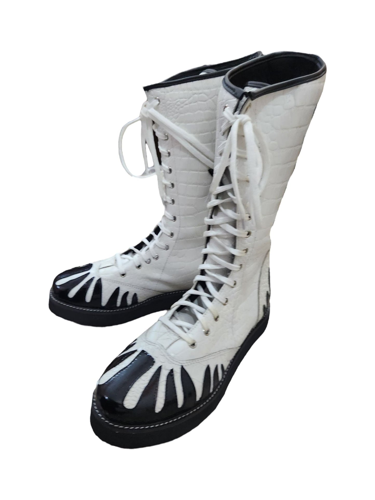 Pro Wrestling Boots, Handmade, 100% Original Leather, White Crocs Pattern & Black Fire Style, Customizable colors