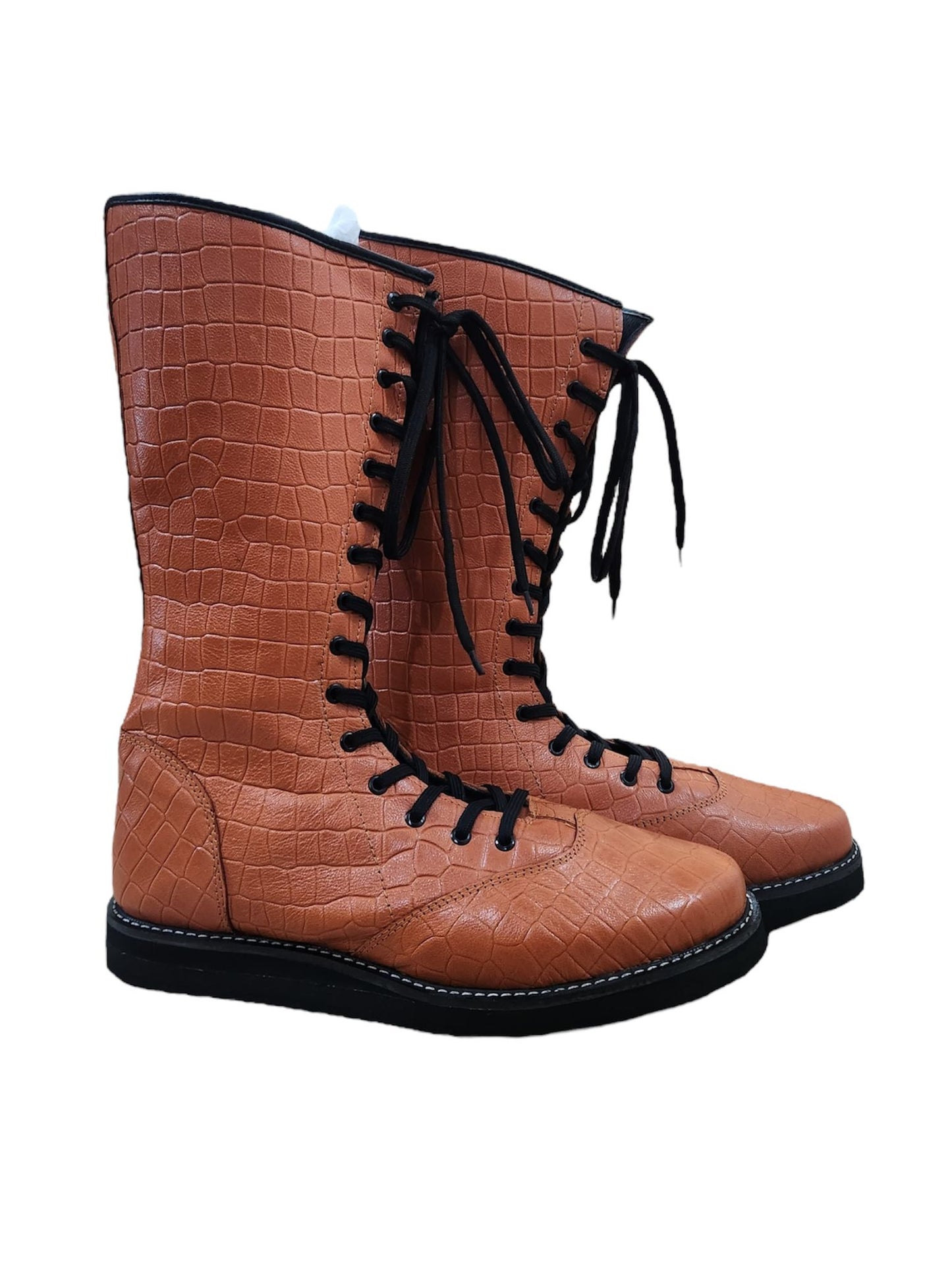 Pro wrestling Long Boots, 100% Original Leather, Brown Color, Handmade, Snake Skin Pattern Leather