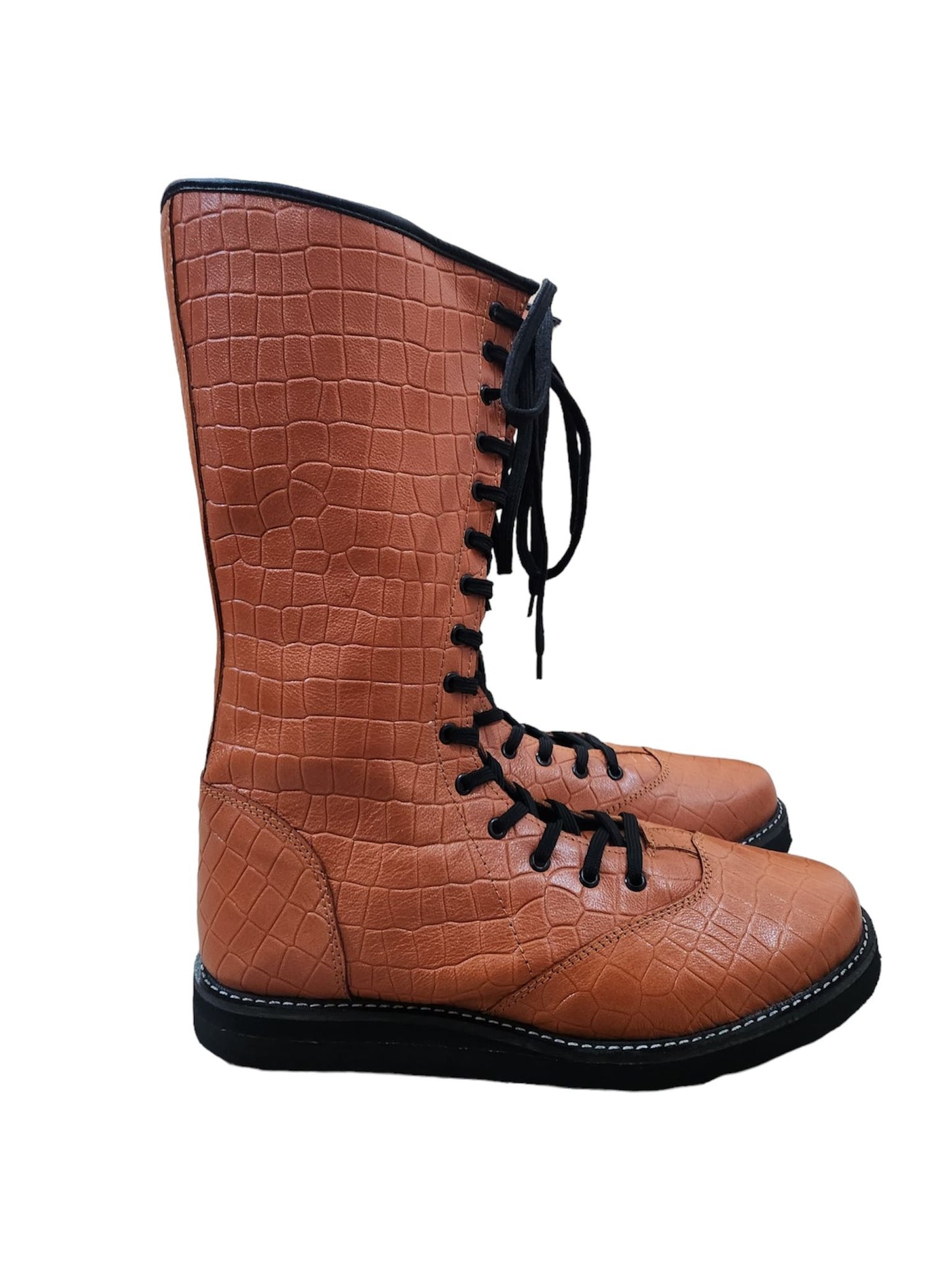 Pro wrestling Long Boots, 100% Original Leather, Brown Color, Handmade, Snake Skin Pattern Leather