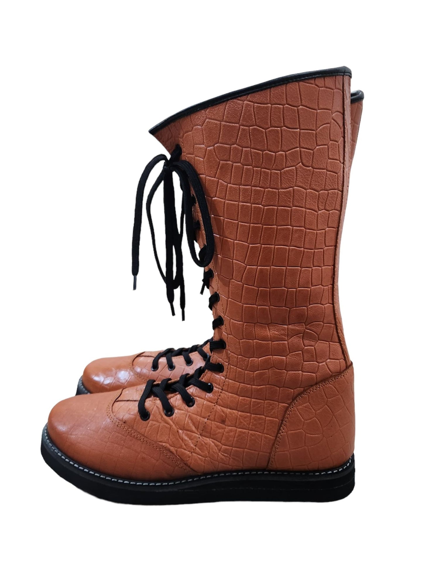 Pro wrestling Long Boots, 100% Original Leather, Brown Color, Handmade, Snake Skin Pattern Leather