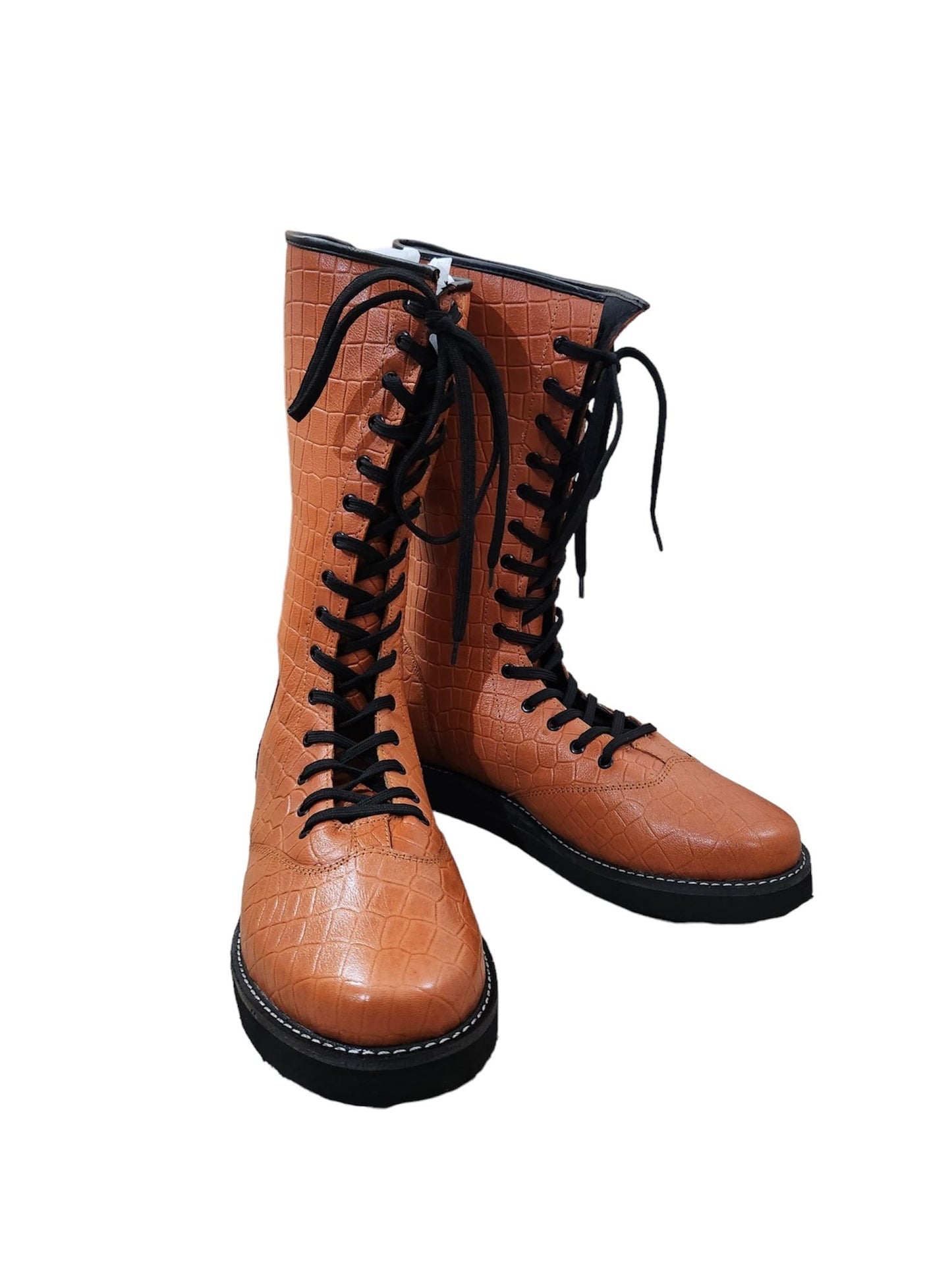 Pro wrestling Long Boots, 100% Original Leather, Brown Color, Handmade, Snake Skin Pattern Leather