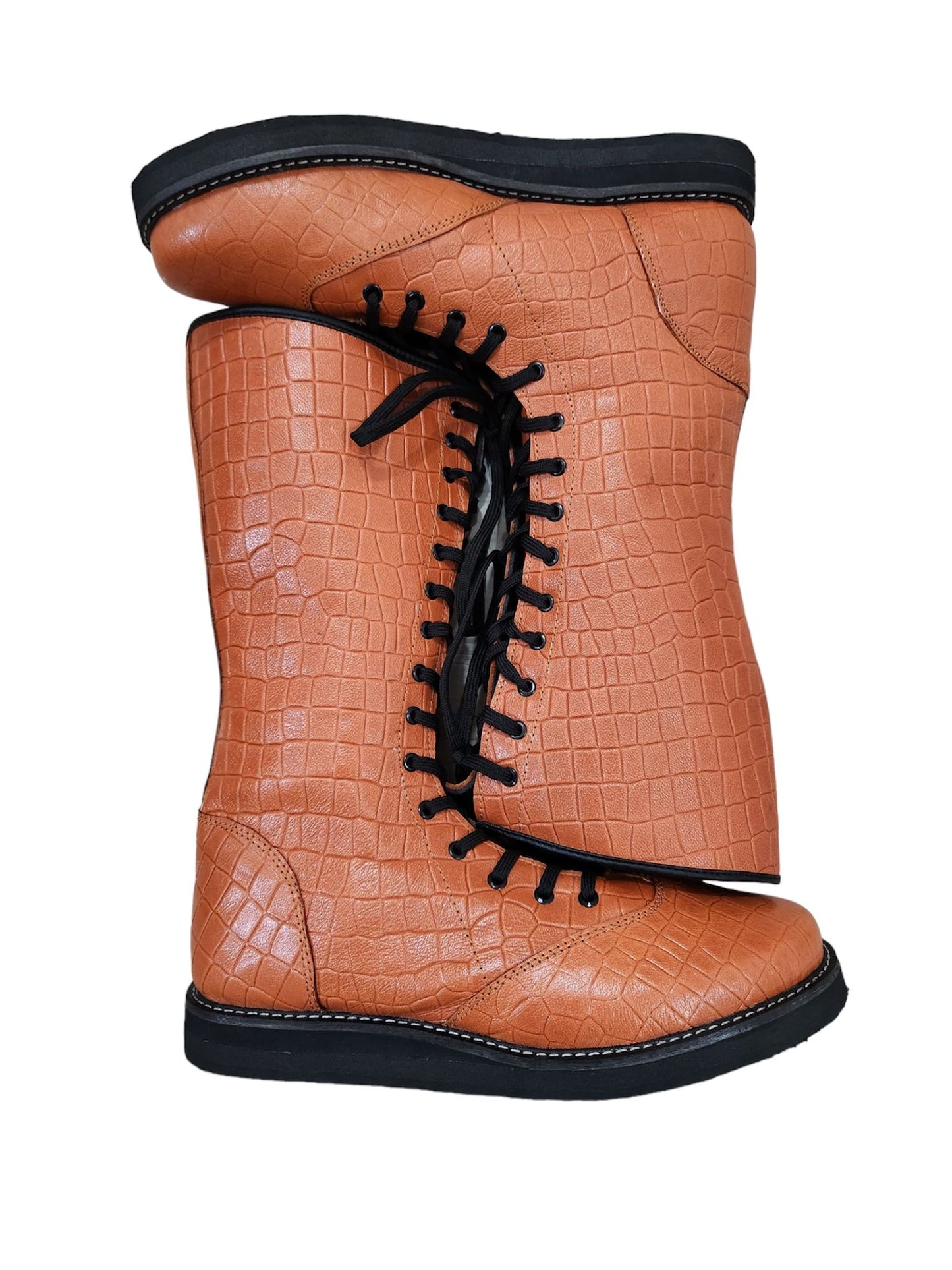 Pro wrestling Long Boots, 100% Original Leather, Brown Color, Handmade, Snake Skin Pattern Leather