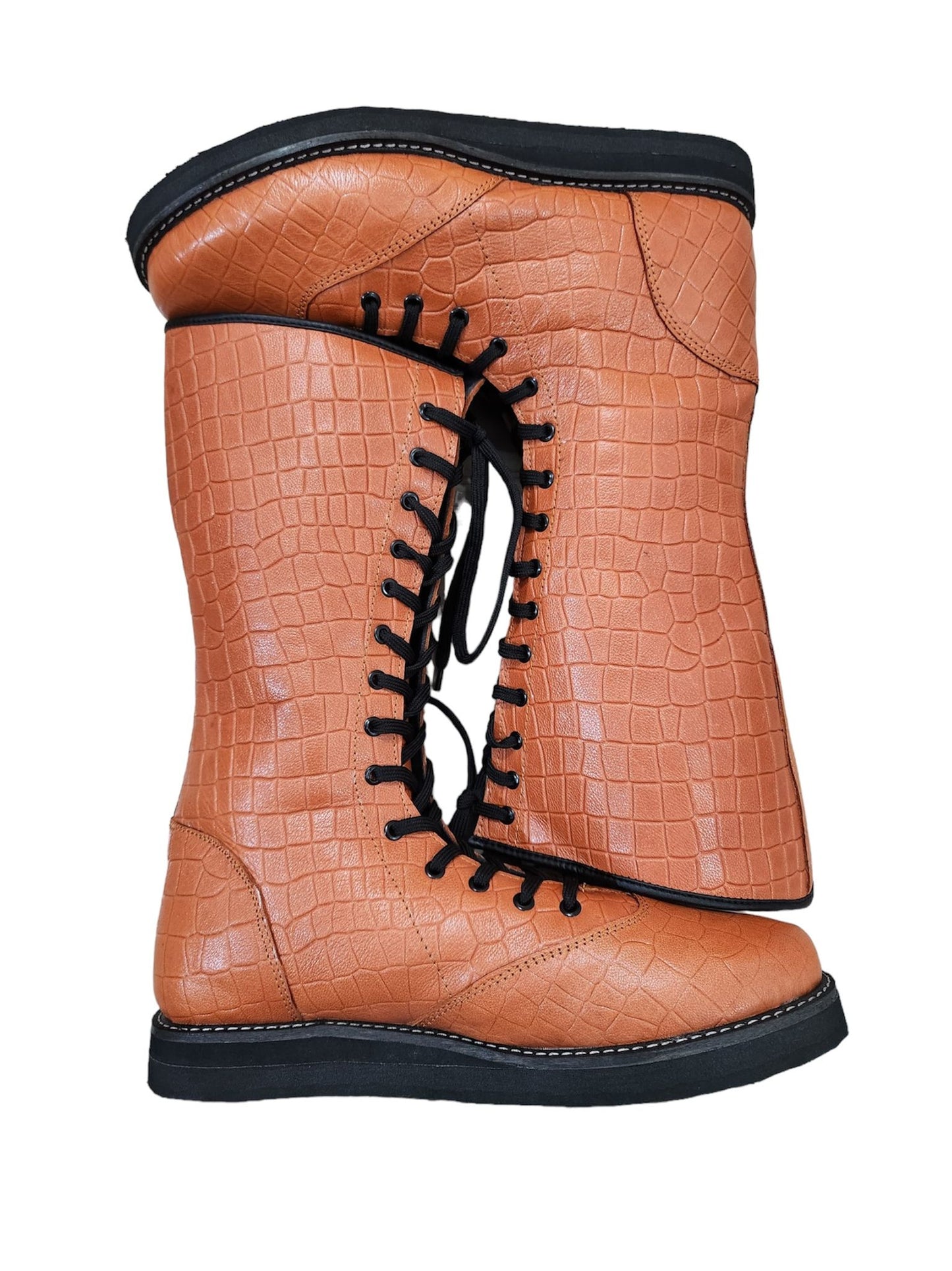 Pro wrestling Long Boots, 100% Original Leather, Brown Color, Handmade, Snake Skin Pattern Leather