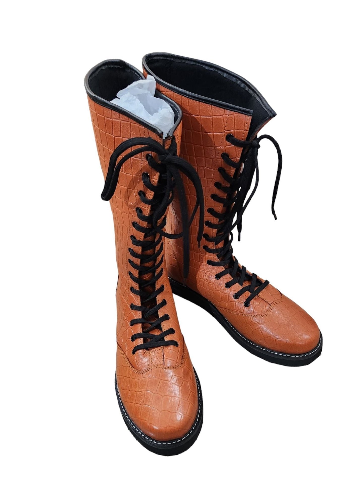 Pro wrestling Long Boots, 100% Original Leather, Brown Color, Handmade, Snake Skin Pattern Leather