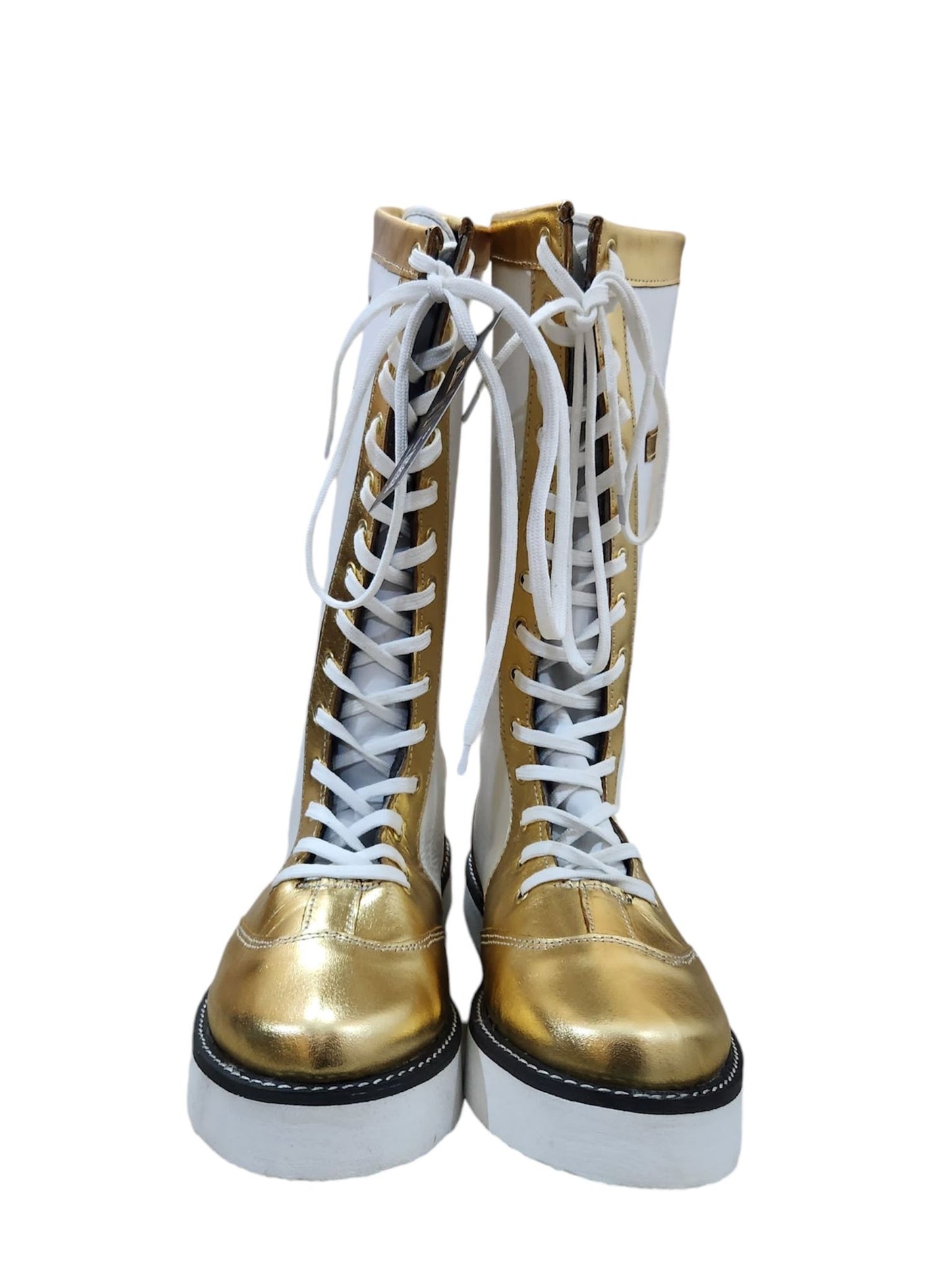 Pro Wrestling Long Boots, 100% Original Leather - Customizable, Lace-Up Style in White & Golden with Cross