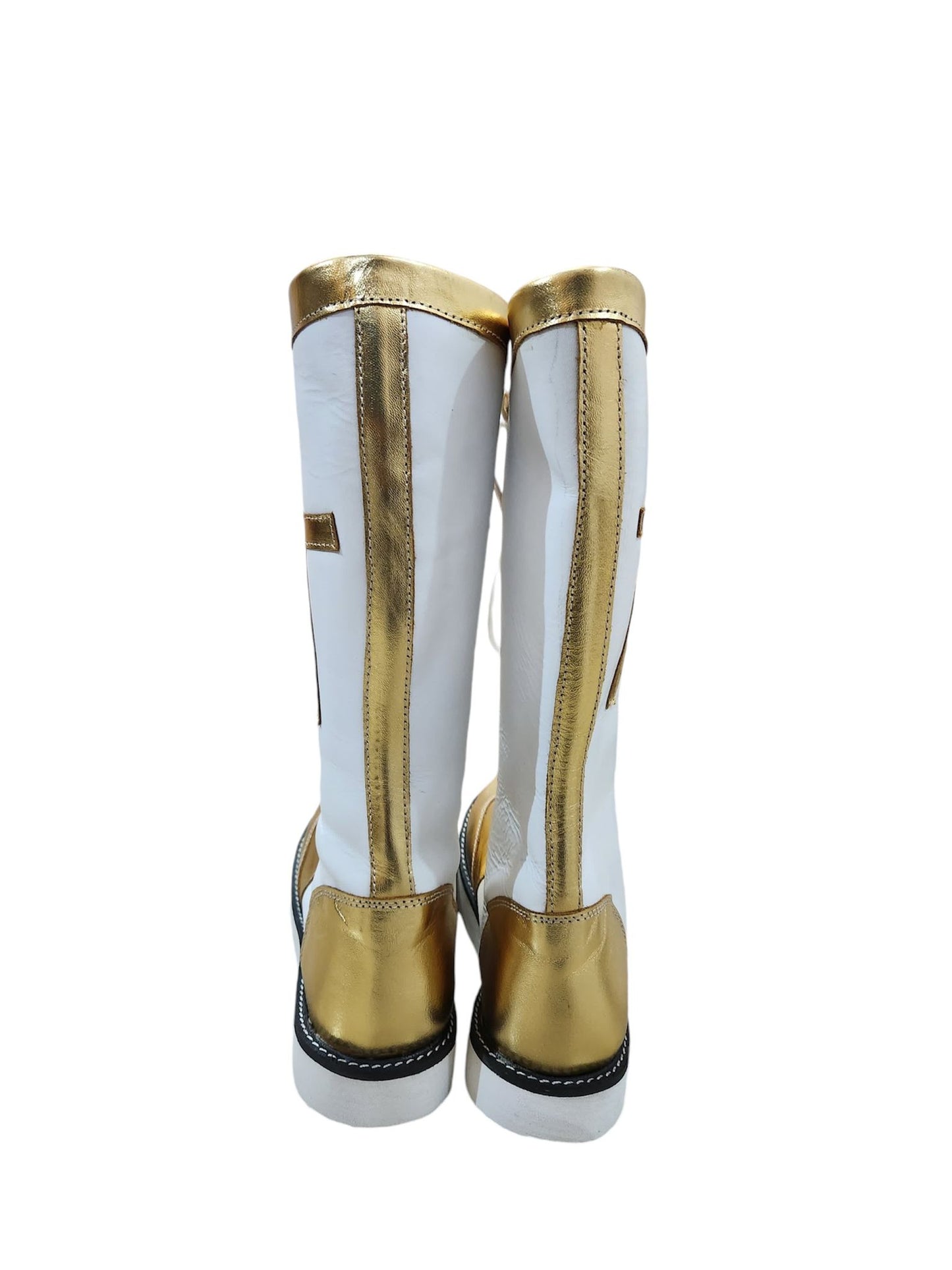 Pro Wrestling Long Boots, 100% Original Leather - Customizable, Lace-Up Style in White & Golden with Cross