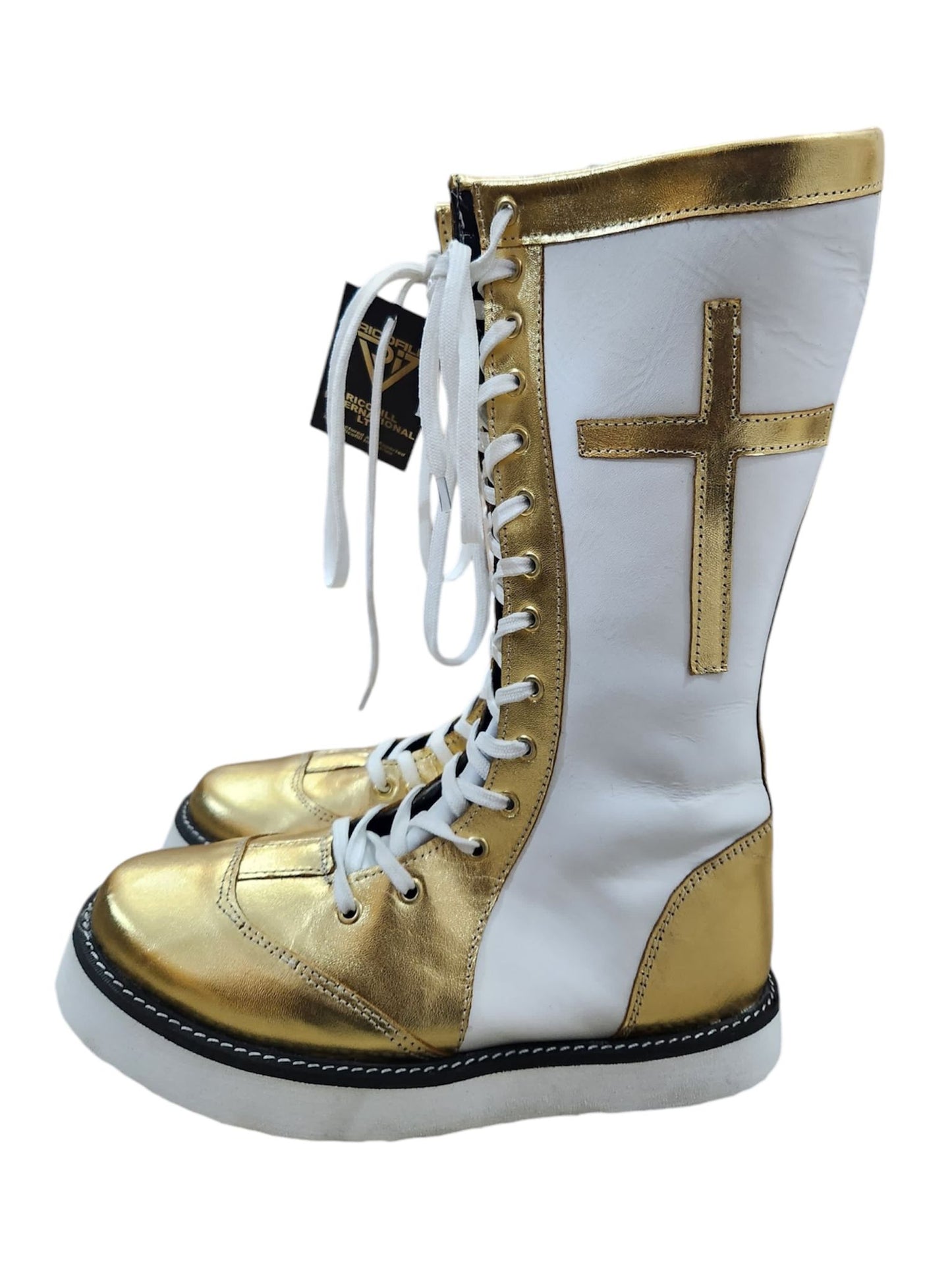 Pro Wrestling Long Boots, 100% Original Leather - Customizable, Lace-Up Style in White & Golden with Cross