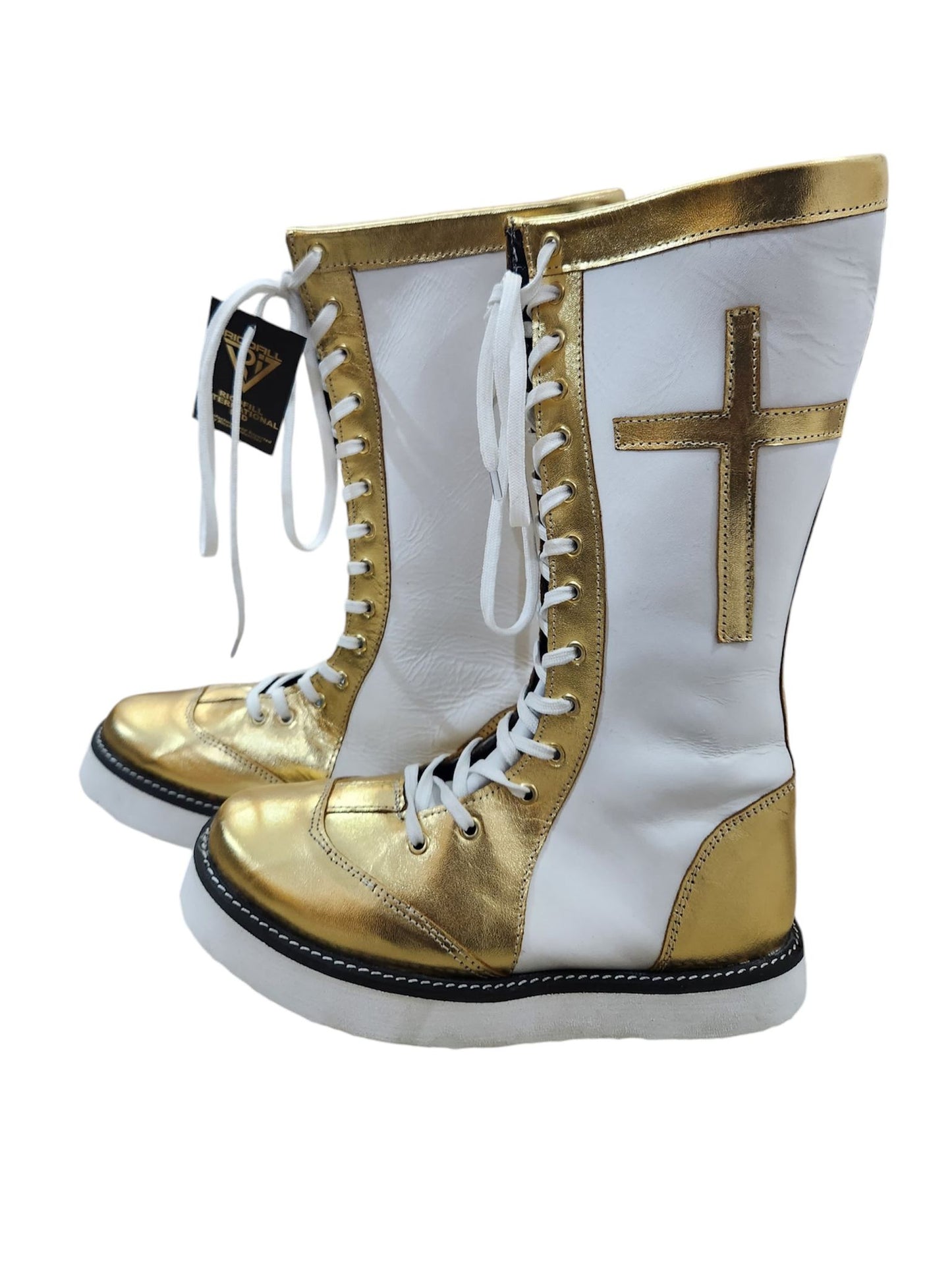 Pro Wrestling Long Boots, 100% Original Leather - Customizable, Lace-Up Style in White & Golden with Cross