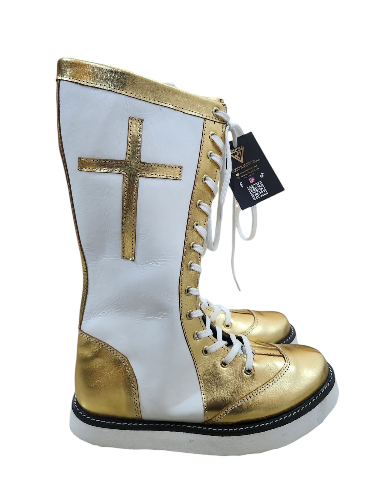 Pro Wrestling Long Boots, 100% Original Leather - Customizable, Lace-Up Style in White & Golden with Cross