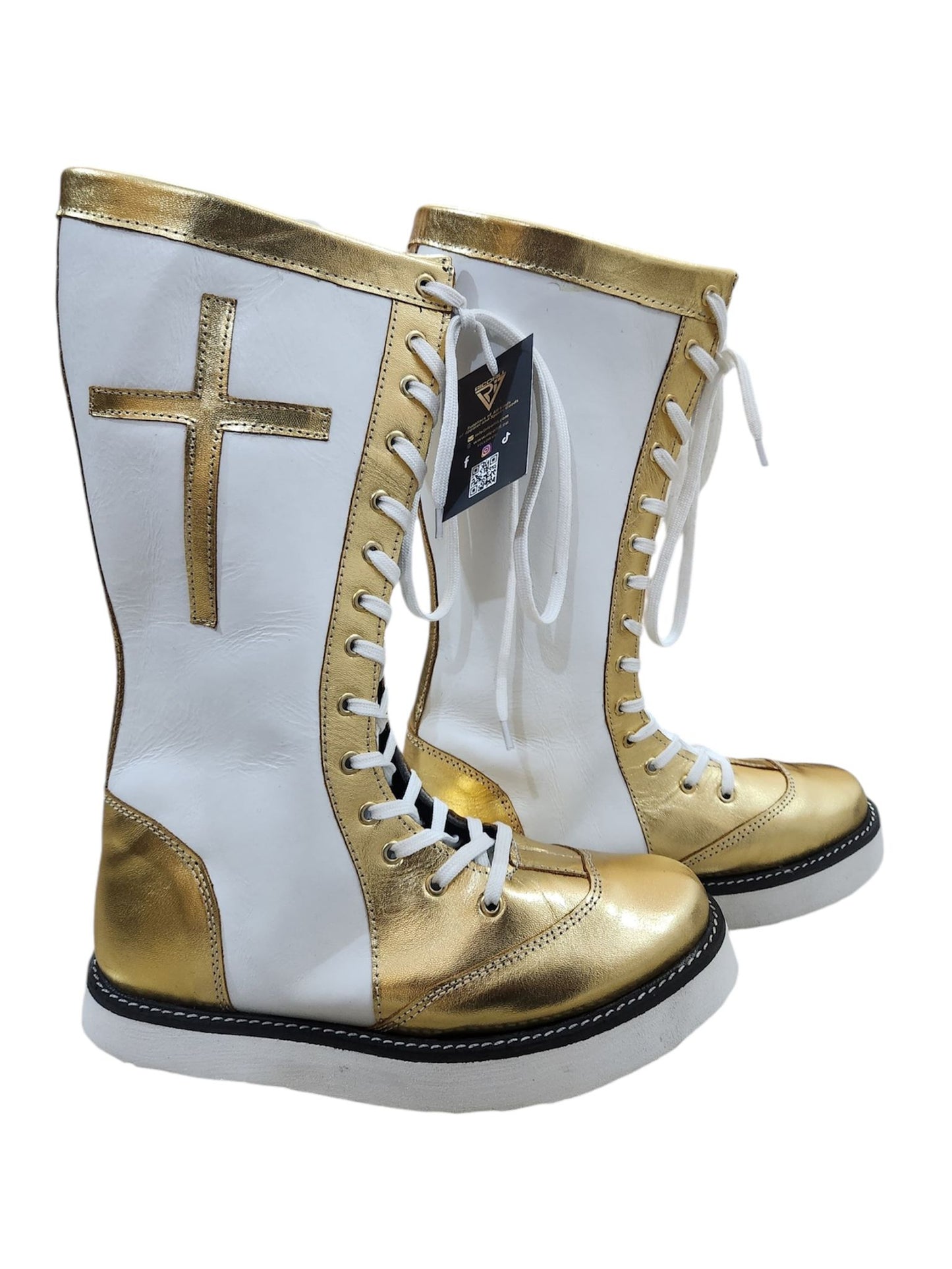 Pro Wrestling Long Boots, 100% Original Leather - Customizable, Lace-Up Style in White & Golden with Cross