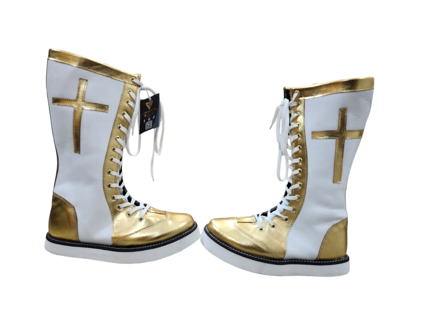 Pro Wrestling Long Boots, 100% Original Leather - Customizable, Lace-Up Style in White & Golden with Cross