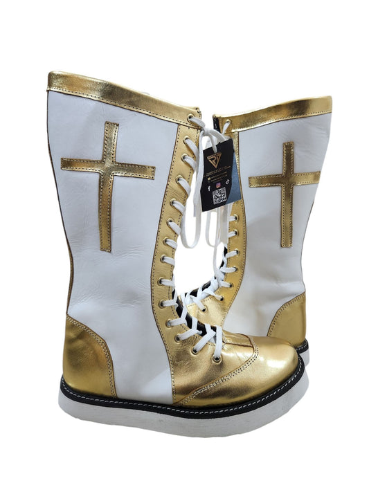 Pro Wrestling Long Boots, 100% Original Leather - Customizable, Lace-Up Style in White & Golden with Cross