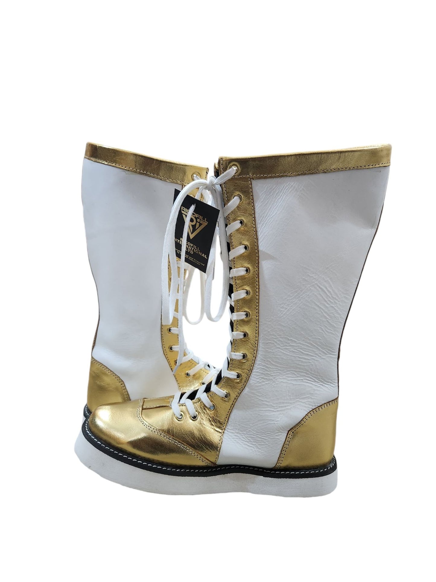 Pro Wrestling Long Boots, 100% Original Leather - Customizable, Lace-Up Style in White & Golden with Cross