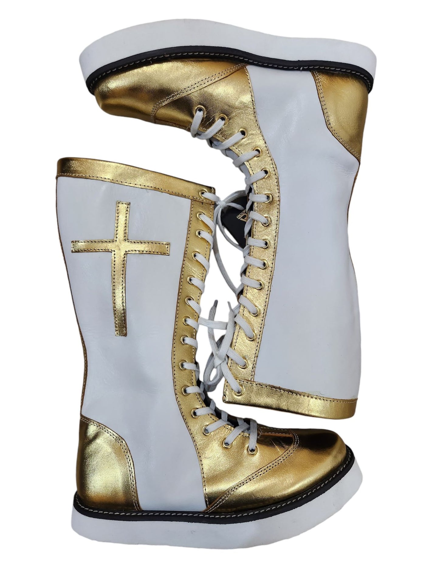 Pro Wrestling Long Boots, 100% Original Leather - Customizable, Lace-Up Style in White & Golden with Cross