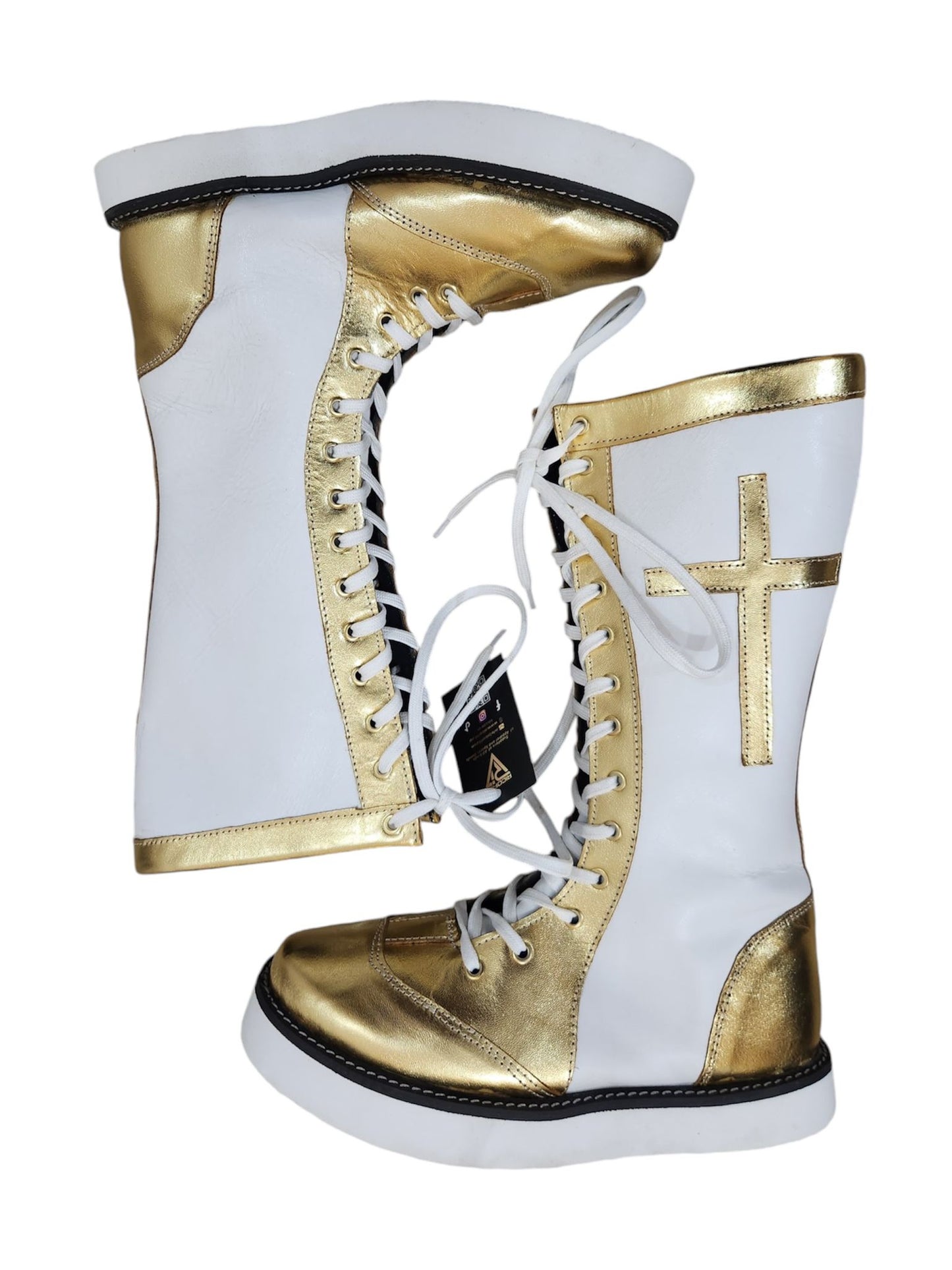 Pro Wrestling Long Boots, 100% Original Leather - Customizable, Lace-Up Style in White & Golden with Cross