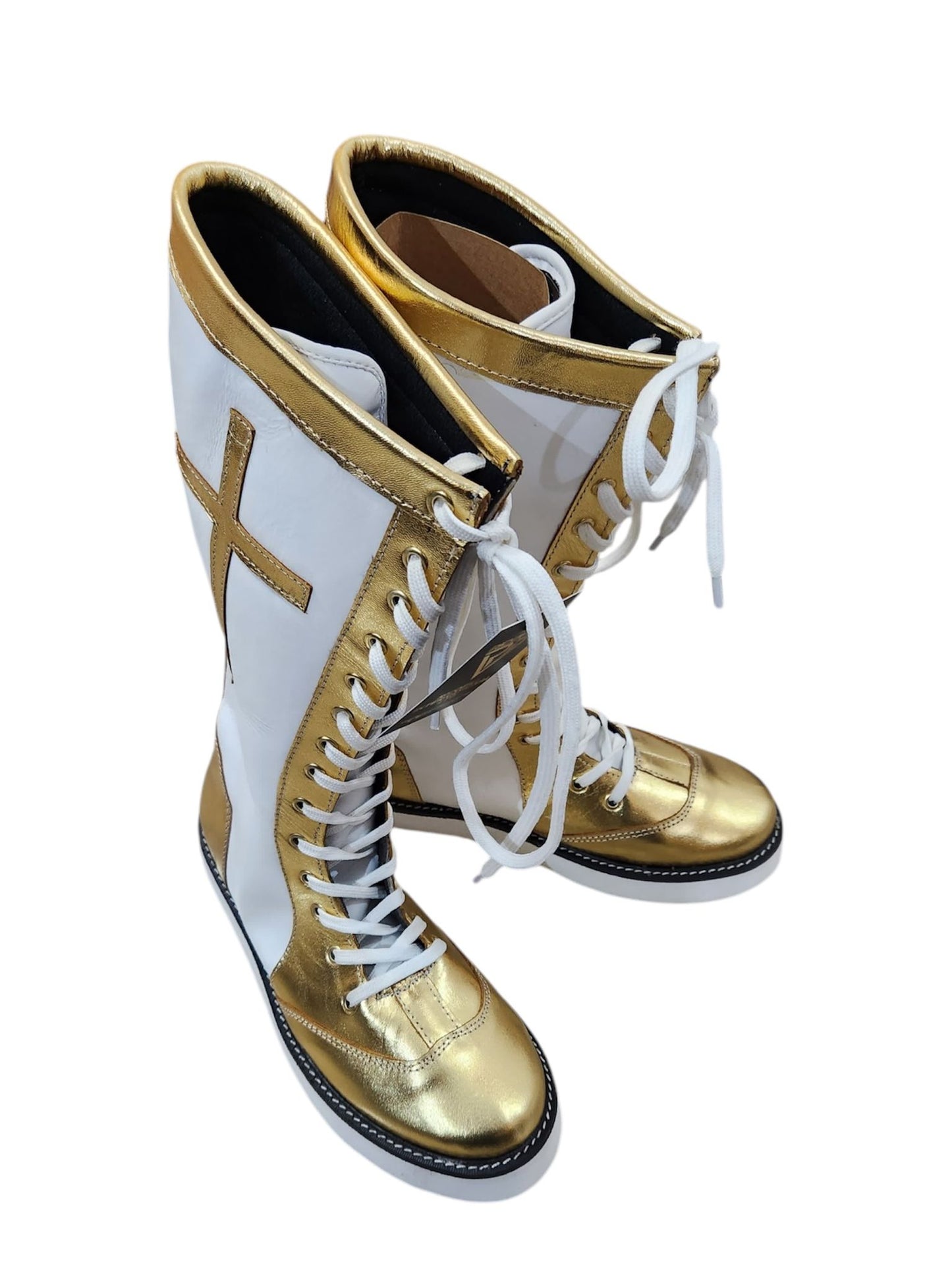 Pro Wrestling Long Boots, 100% Original Leather - Customizable, Lace-Up Style in White & Golden with Cross