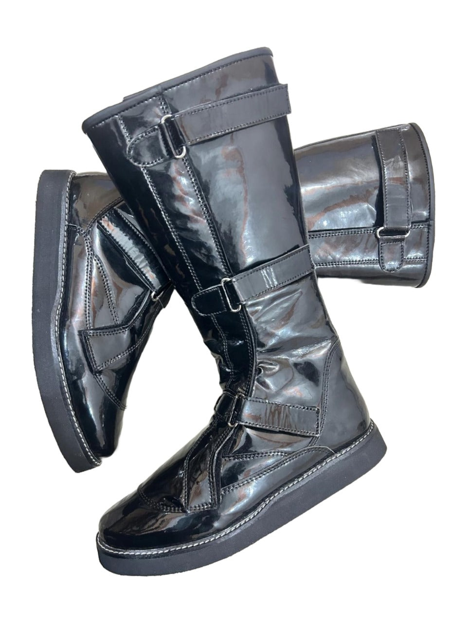 Pro Wrestling Boots, Handmade,  Hook & Loop style, Adjustable Buckles, Patent Black Shinny Color