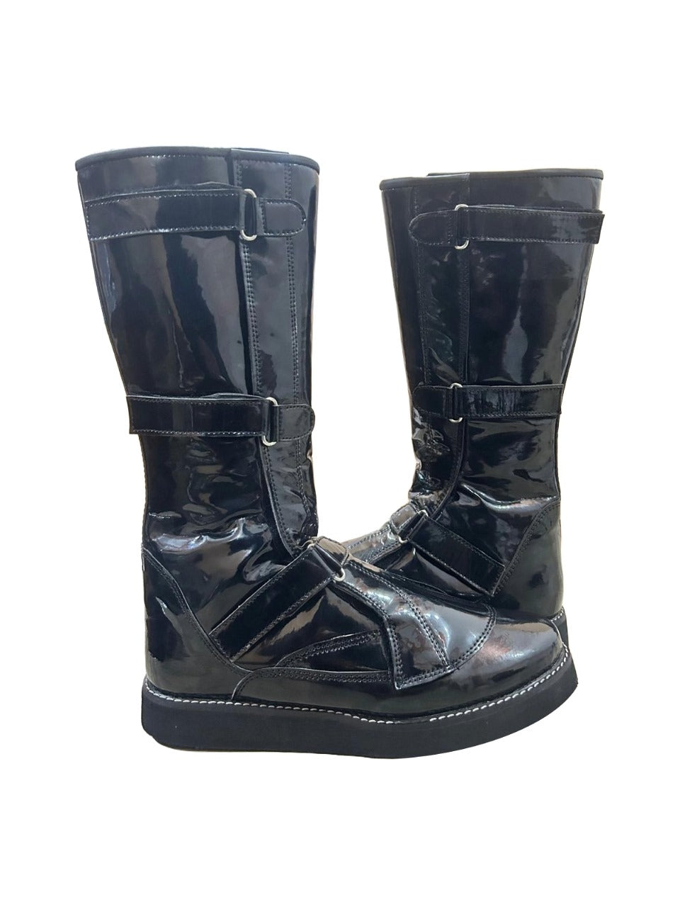 Pro Wrestling Boots, Handmade,  Hook & Loop style, Adjustable Buckles, Patent Black Shinny Color