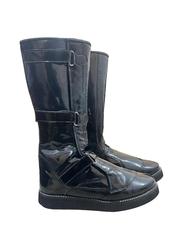 Pro Wrestling Boots, Handmade,  Hook & Loop style, Adjustable Buckles, Patent Black Shinny Color