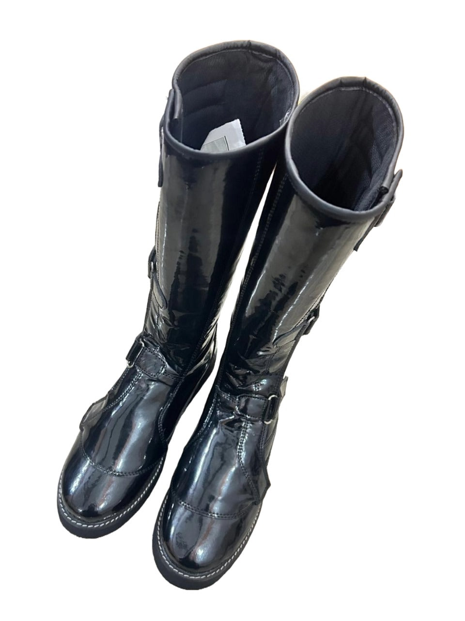 Pro Wrestling Boots, Handmade,  Hook & Loop style, Adjustable Buckles, Patent Black Shinny Color