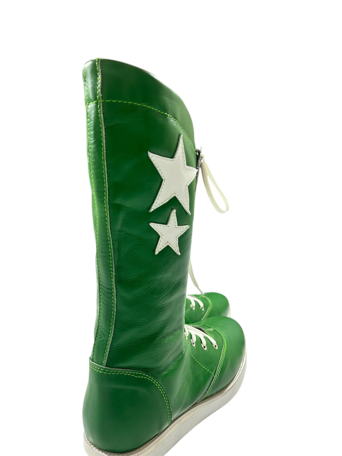 Pro Wrestling Boots, Macho Man Inspired, Handmade, 100% Pure Leather, Green Color, White stars