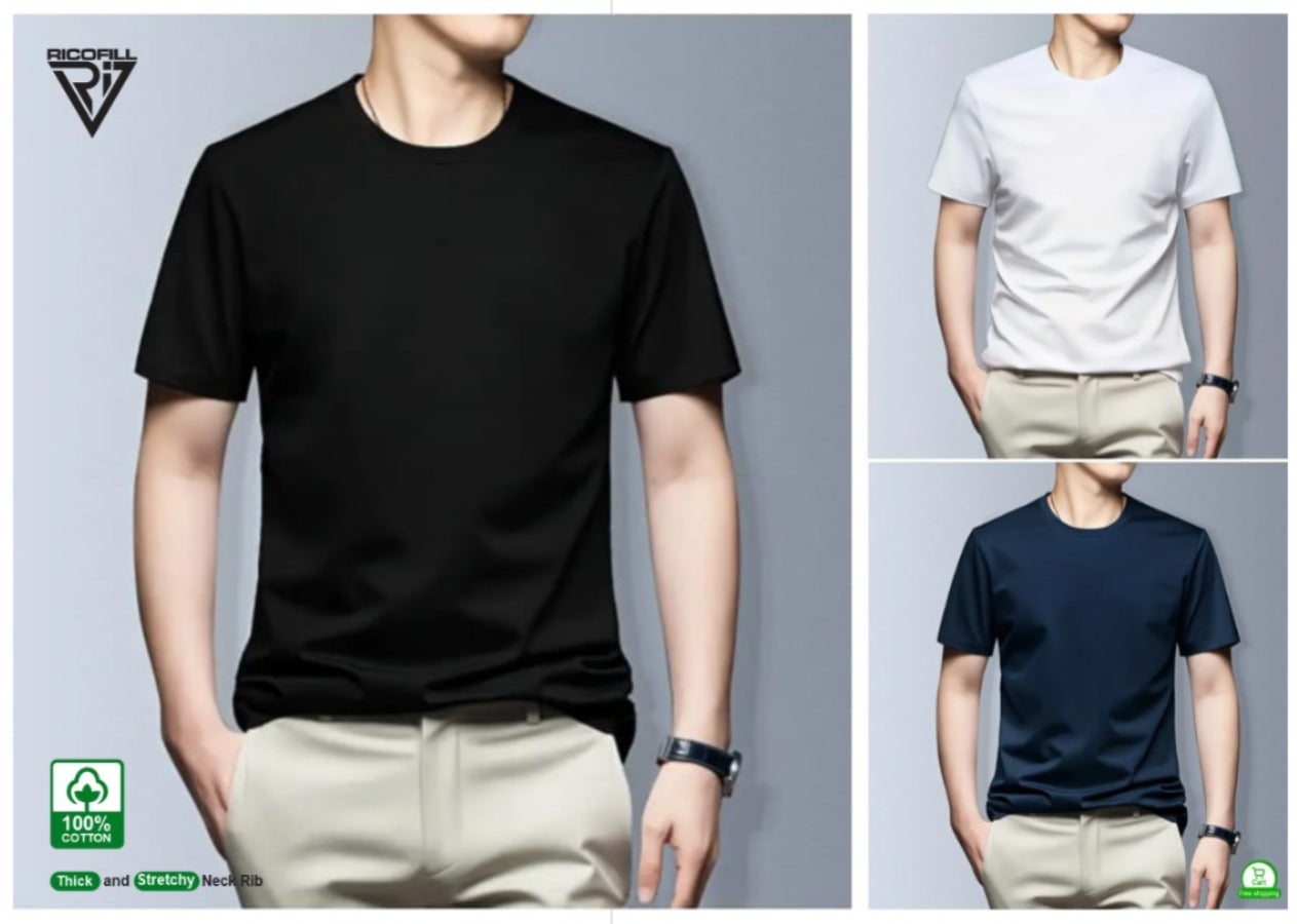 50% off, T shirt 3pcs, Black,White & Navy  Men's Solid Color Pure Cotton Crew Neck And Short Sleeve T-shirts, Comfy Tops For Summer Daily And Casual Outerwear