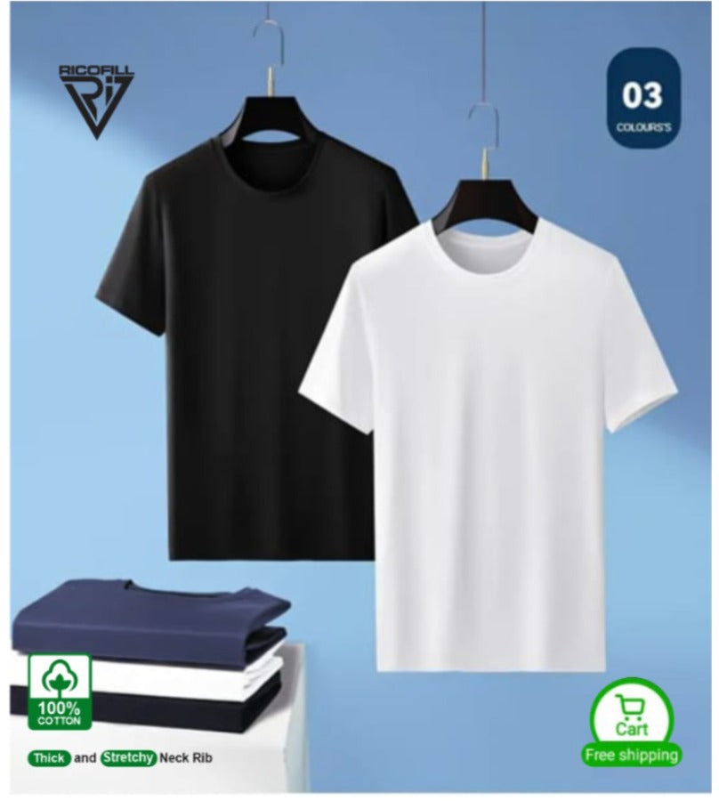 50% off, T shirt 3pcs, Black,White & Navy  Men's Solid Color Pure Cotton Crew Neck And Short Sleeve T-shirts, Comfy Tops For Summer Daily And Casual Outerwear