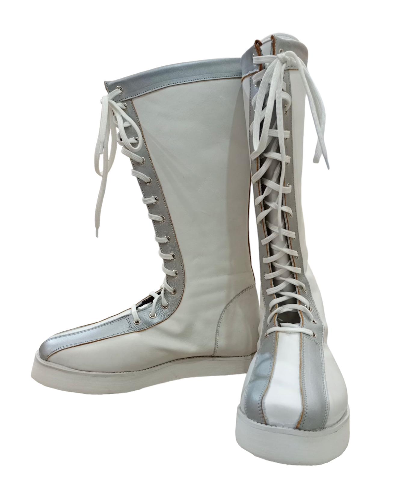 Pro Wrestling Boots, Handmade , 100% original Leather, White Color with Silver  Tips, Lace-up style