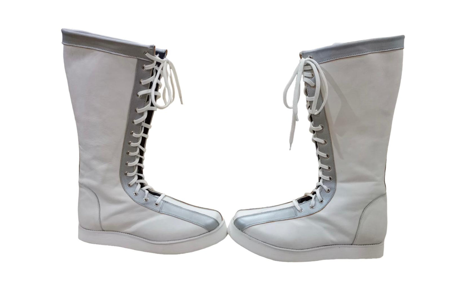 Pro Wrestling Boots, Handmade , 100% original Leather, White Color with Silver  Tips, Lace-up style