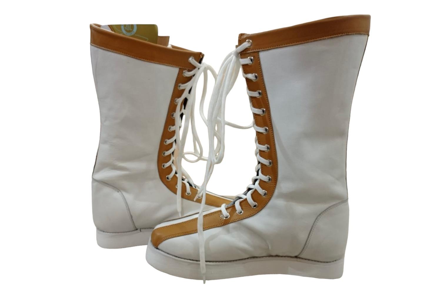 Pro Wrestling Boots, Handmade , 100% original Leather, White Color with Tan Brown Tips, Lace-up style, Customizable , Lucha Libre Boots