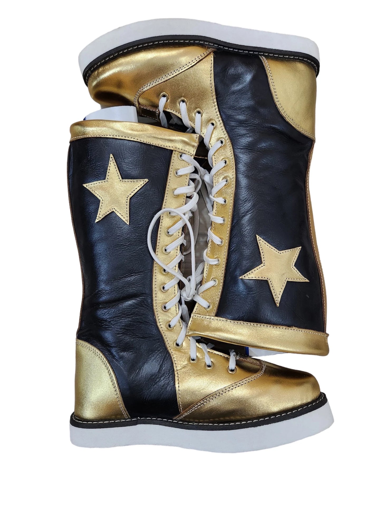 Pro Wrestling Star Boots, Handmade, 100% Original Leather - Customizable, Lace-Up Style in Black & Gold