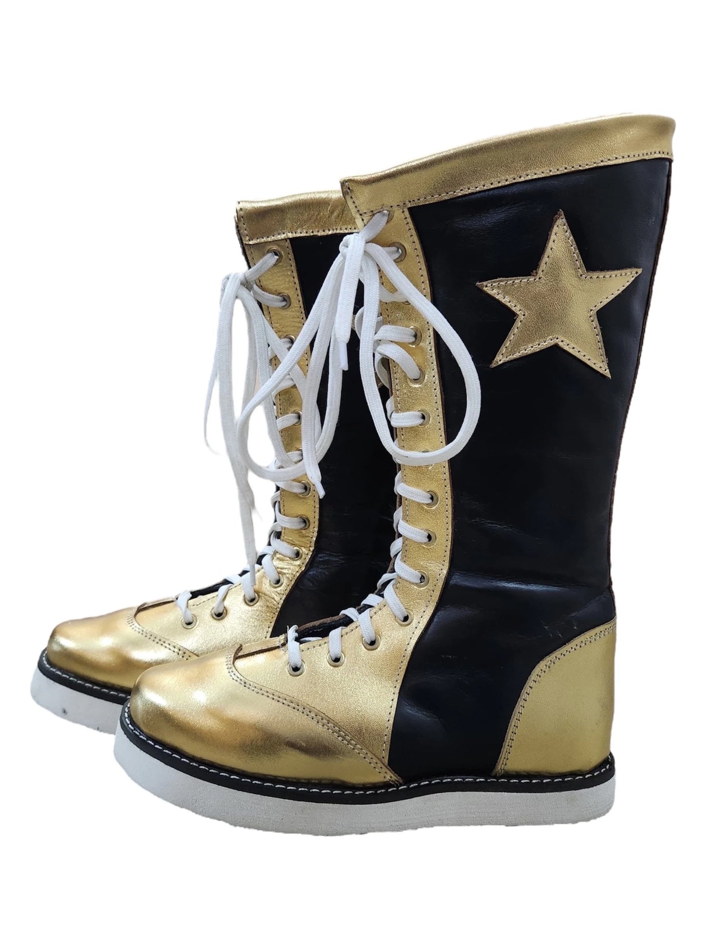 Pro Wrestling Star Boots, Handmade, 100% Original Leather - Customizable, Lace-Up Style in Black & Gold