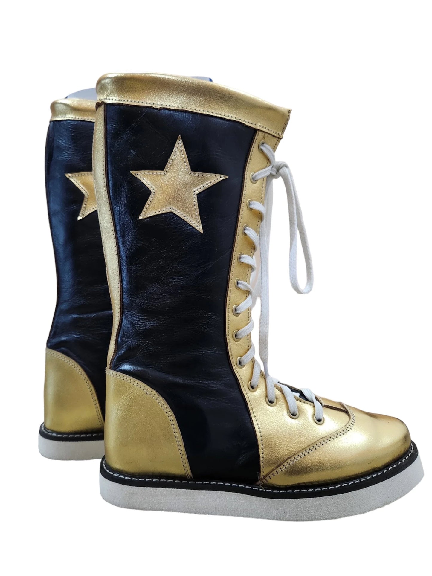 Pro Wrestling Star Boots, Handmade, 100% Original Leather - Customizable, Lace-Up Style in Black & Gold