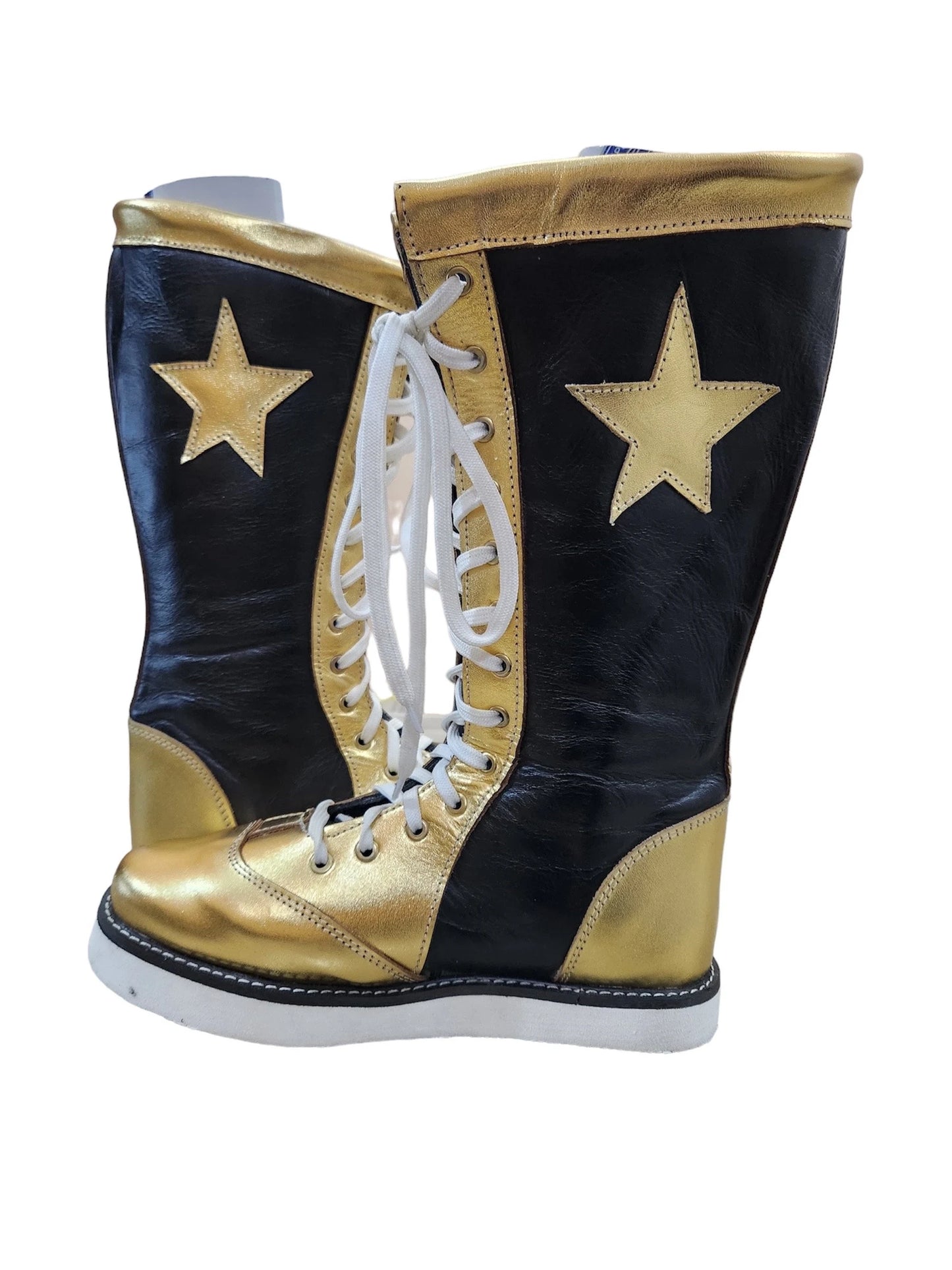 Pro Wrestling Star Boots, Handmade, 100% Original Leather - Customizable, Lace-Up Style in Black & Gold