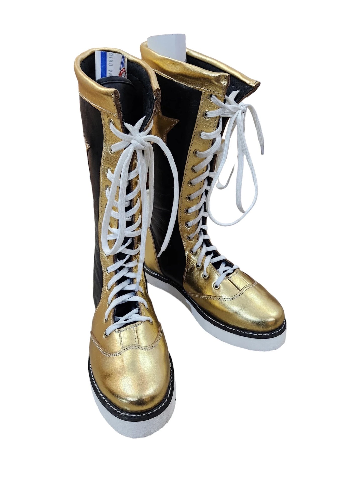 Pro Wrestling Star Boots, Handmade, 100% Original Leather - Customizable, Lace-Up Style in Black & Gold