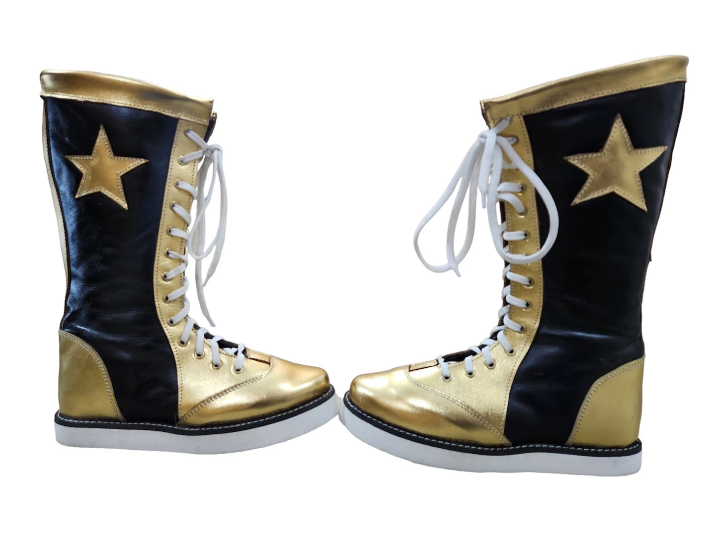 Pro Wrestling Star Boots, Handmade, 100% Original Leather - Customizable, Lace-Up Style in Black & Gold