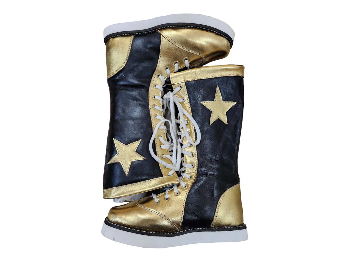 Pro Wrestling Star Boots, Handmade, 100% Original Leather - Customizable, Lace-Up Style in Black & Gold