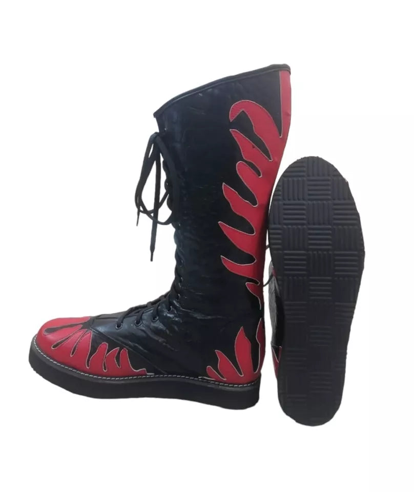 Wrestling Long Boots, Handmade Leather Shoes, 100% Original Leather, Red Fire Style, Customizable, Lace-up style